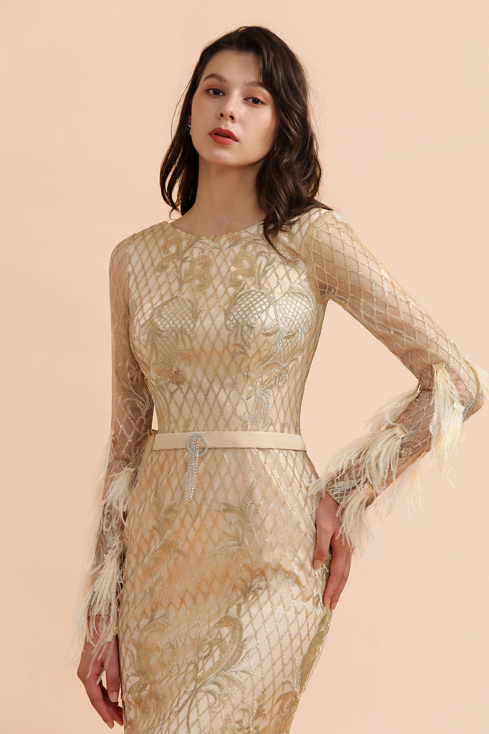 Glamorous Jewel Lace Appliques Prom Dresses Long Sleeves Mermaid Formal Dresses with Fur - Fashionpara