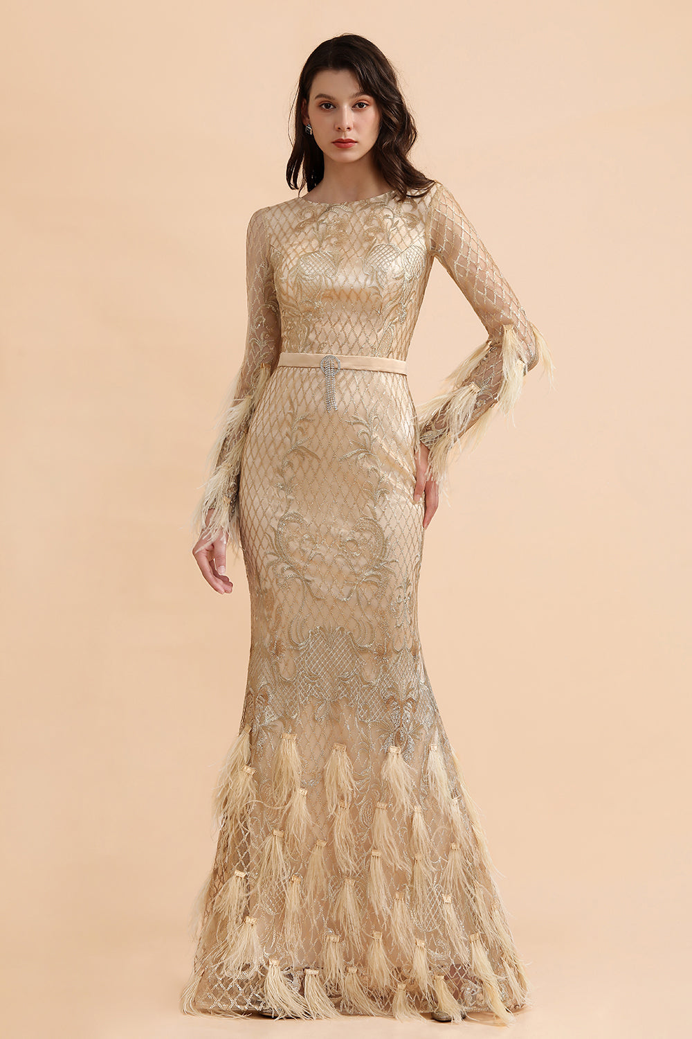 Glamorous Jewel Lace Appliques Prom Dresses Long Sleeves Mermaid Formal Dresses with Fur - Fashionpara