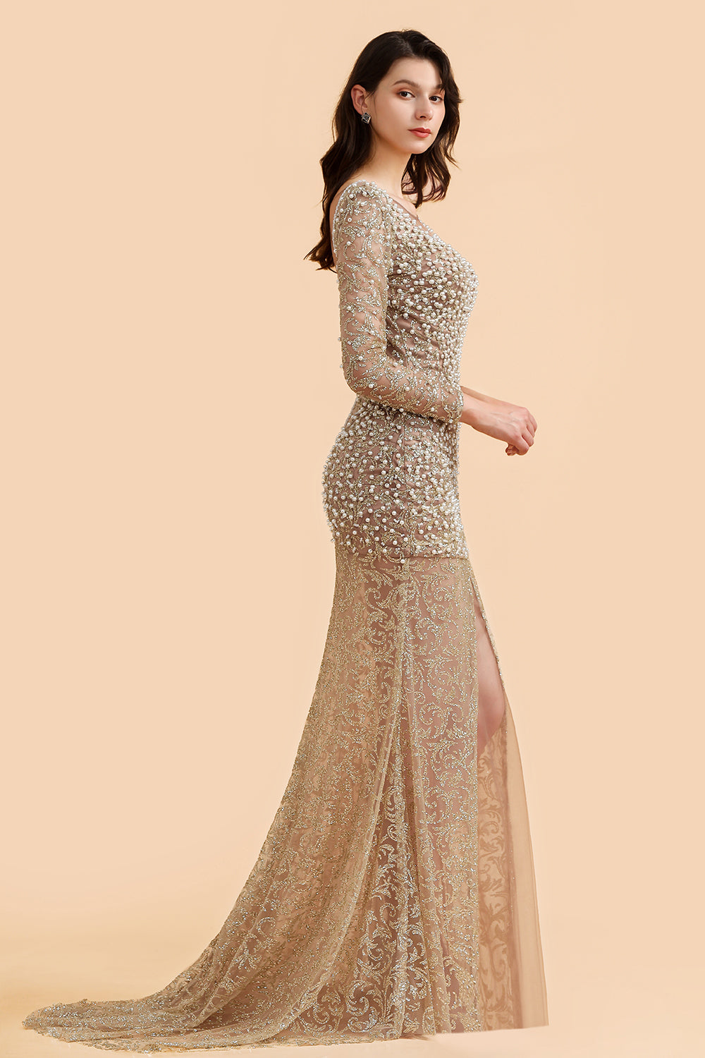 Glamorous Jewel Lace Front Slit Prom Dresses Long Sleeves Appliques Formal Dresses with Pearls - Fashionpara