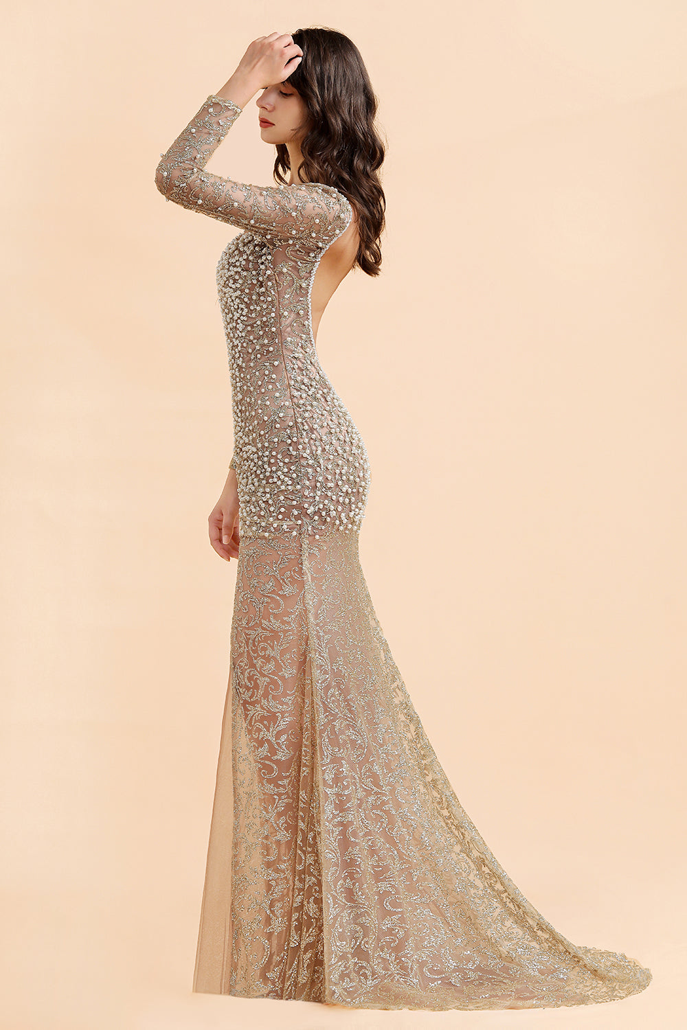 Glamorous Jewel Lace Front Slit Prom Dresses Long Sleeves Appliques Formal Dresses with Pearls - Fashionpara