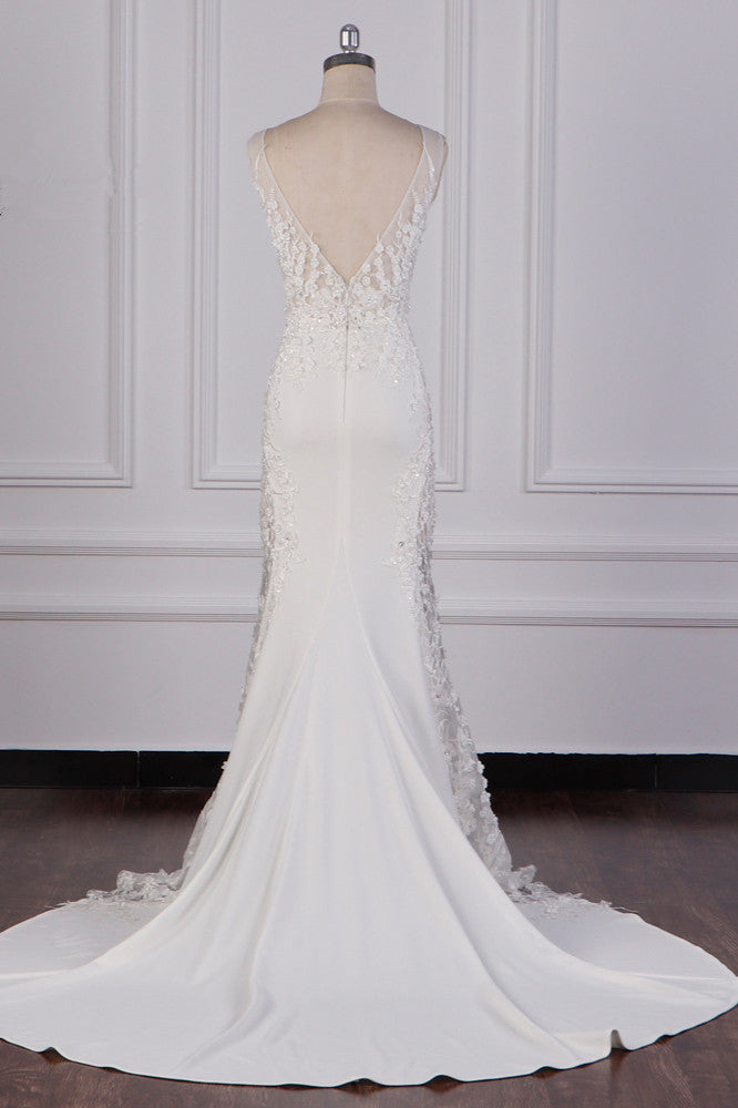 Glamorous Jewel Tulle Lace Wedding Dress Sleeveless Appliques Beadings Bridal Gowns - Fashionpara