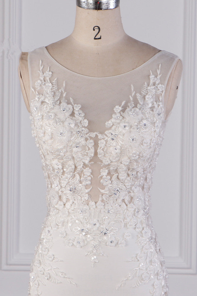 Glamorous Jewel Tulle Lace Wedding Dress Sleeveless Appliques Beadings Bridal Gowns - Fashionpara