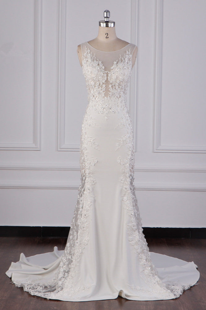Glamorous Jewel Tulle Lace Wedding Dress Sleeveless Appliques Beadings Bridal Gowns - Fashionpara