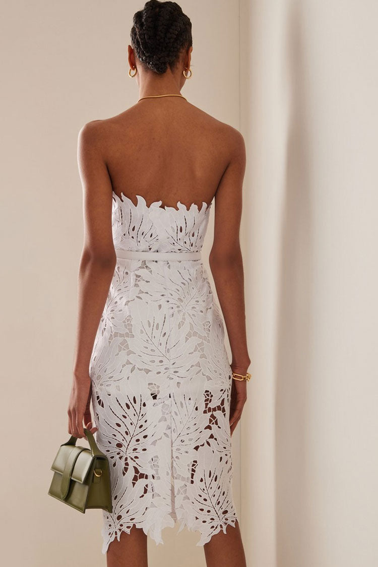 Glamorous Leaf Laser Cut Strapless Bandage Cocktail Midi Dress - White Fashionpara