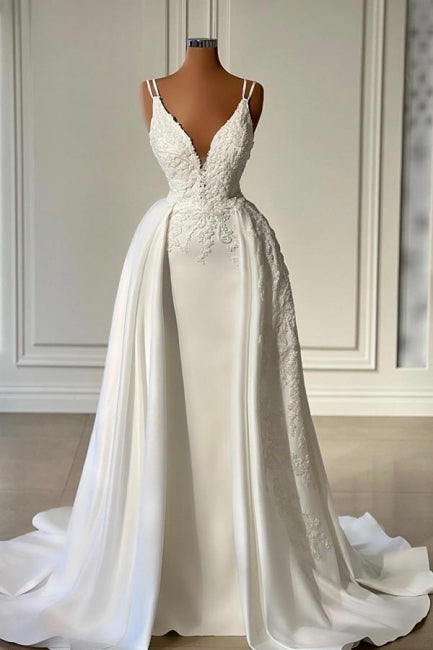 Glamorous Long Ivory A-line V-neck Sleeveless Lacy Wedding Dress - Fashionpara