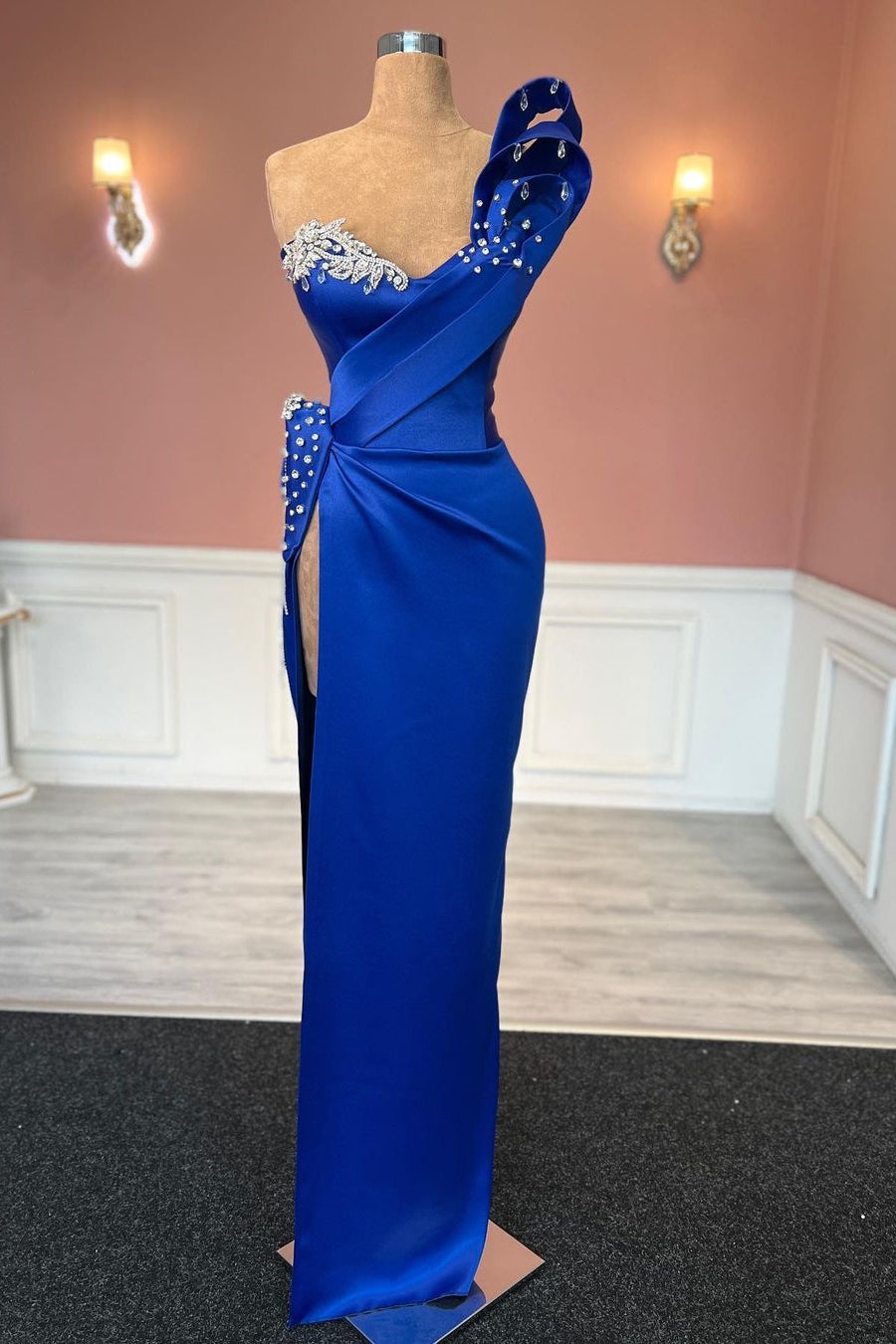 Charming Royal Blue One Column Shoulder Jewels Prom Dress With Slit - Fashionpara