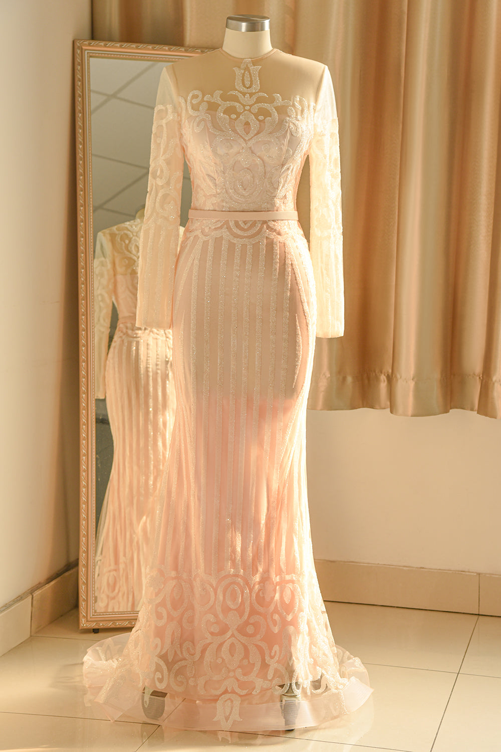 Glamorous Long Sleeve Sequins Prom Dress Mermaid Long - Fashionpara