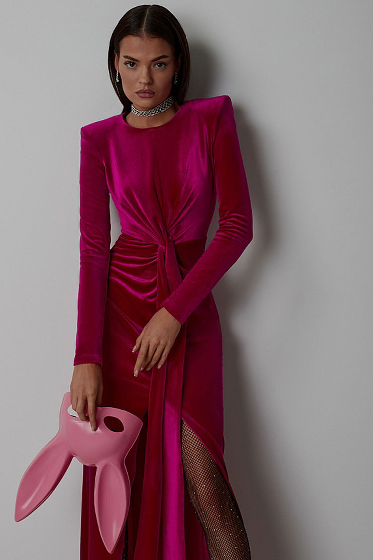 Velvet Long Sleeve Twist Front High Split Bodycon Maxi Dress - View 2
