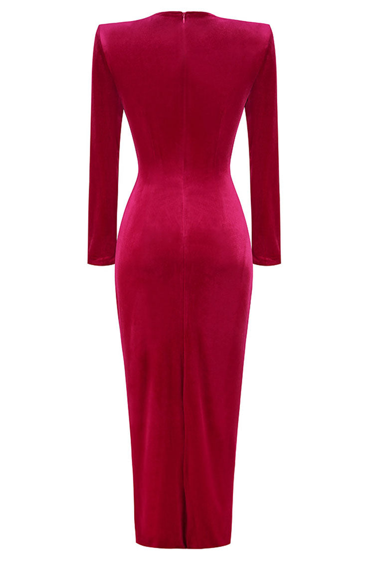 Velvet Long Sleeve Twist Front High Split Bodycon Maxi Dress - View 6