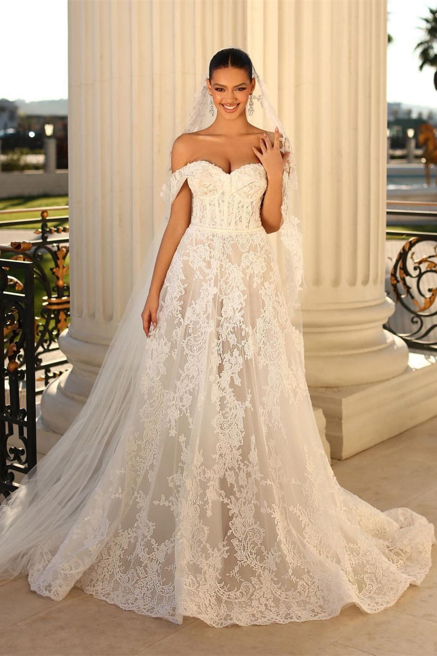 Glamorous Long White A-line Off-Shoulder Lace Wedding Dress with Elegant Details - Fashionpara