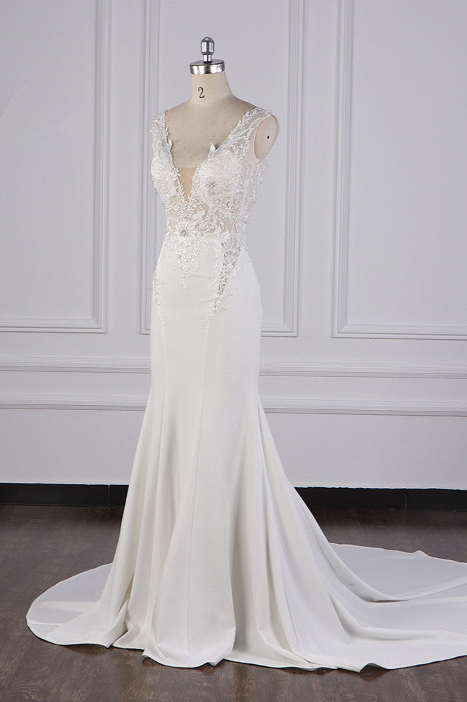 Glamorous Mermaid Satin Sleeveless Wedding Dress White Lace Appliques Bridal Gowns with Beadings On sale - Fashionpara