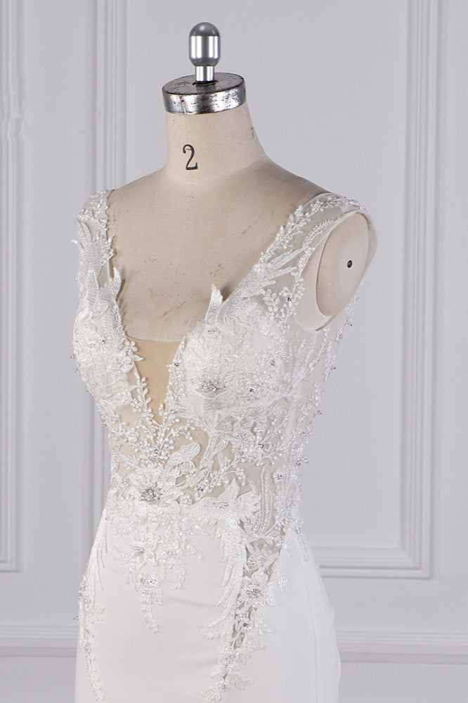 Glamorous Mermaid Satin Sleeveless Wedding Dress White Lace Appliques Bridal Gowns with Beadings On sale - Fashionpara