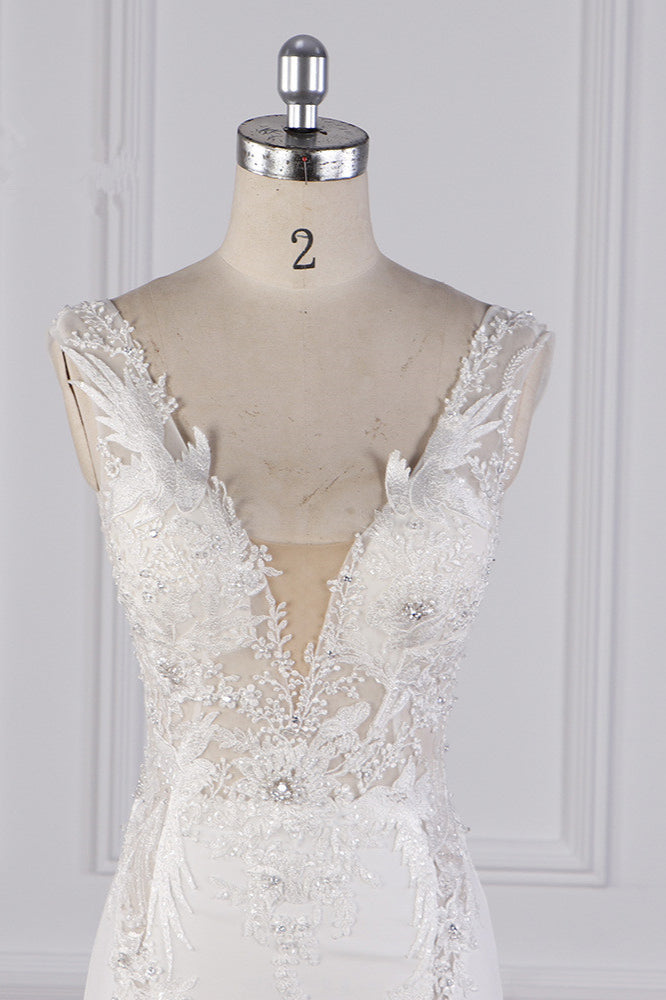 Glamorous Mermaid Satin Sleeveless Wedding Dress White Lace Appliques Bridal Gowns with Beadings On sale - Fashionpara