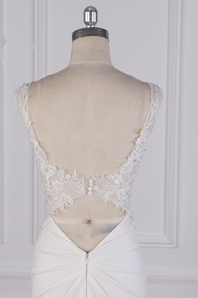 Glamorous Mermaid Satin Sleeveless Wedding Dress White Lace Appliques Bridal Gowns with Beadings On sale - Fashionpara