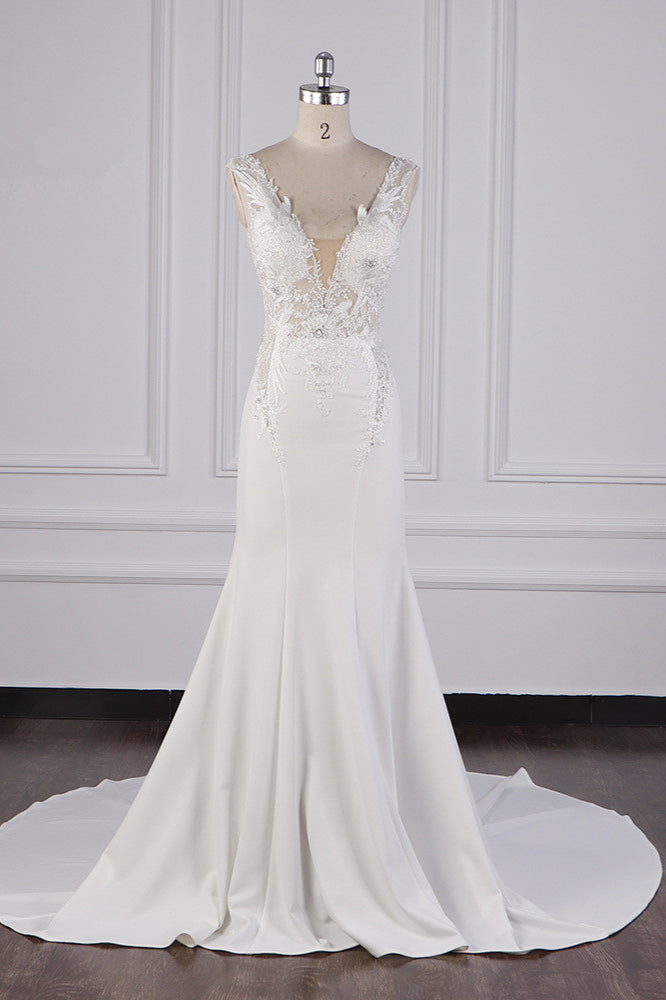 Glamorous Mermaid Satin Sleeveless Wedding Dress White Lace Appliques Bridal Gowns with Beadings On sale - Fashionpara