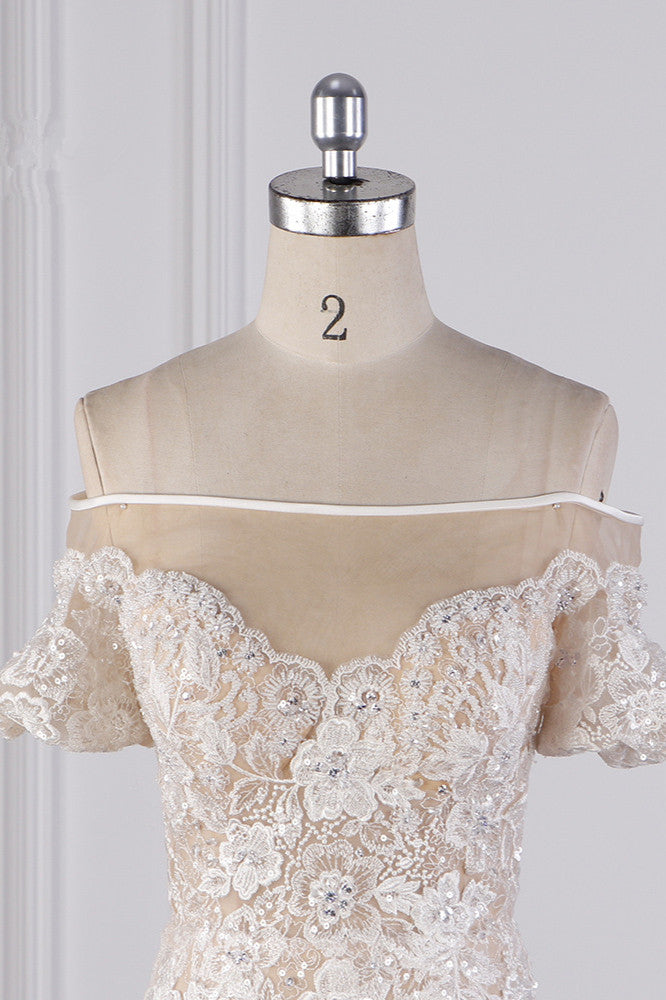 Glamorous Mermaid Tulle Lace Wedding Dress Appliques Beadings Short Sleeves Bridal Gowns On Sale - Fashionpara