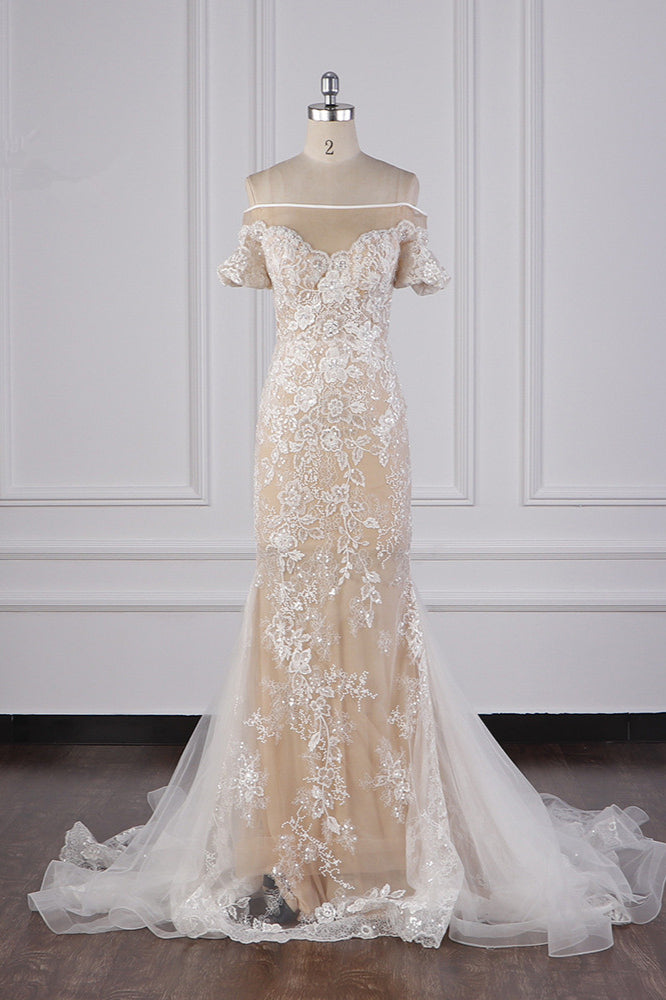 Glamorous Mermaid Tulle Lace Wedding Dress Appliques Beadings Short Sleeves Bridal Gowns On Sale - Fashionpara