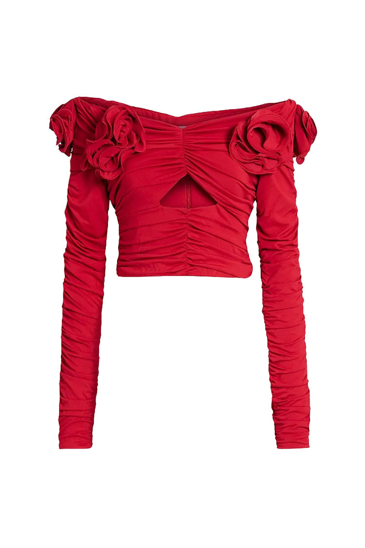Glamorous Off Shoulder Rosette Trim Long Sleeve Ruched Cutout Crop Top - Fashionpara