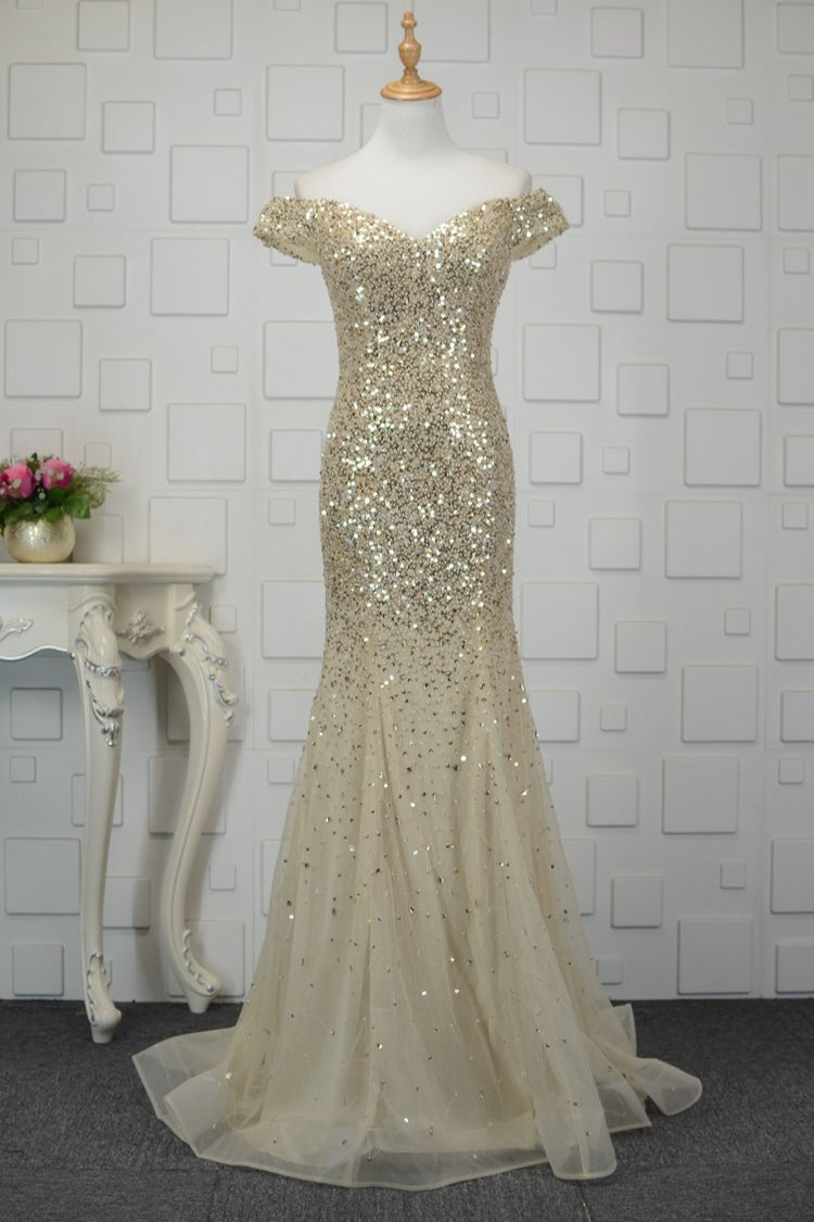 Glamorous Off-the-Shoulder Blue Mermaid Prom Dresses with Rhinestones On Sale - Fashionpara