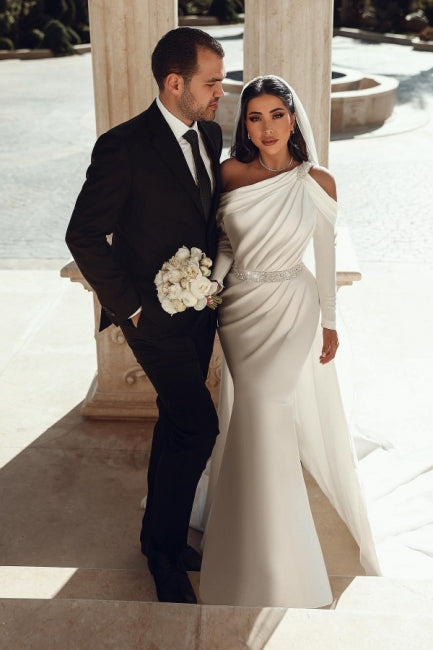 Glamorous One-Shoulder Long Sleeve Mermaid Satin Wedding Dress with Ruffles - Fashionpara