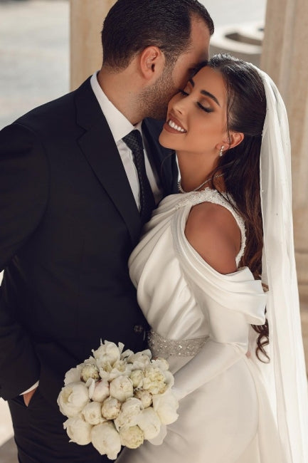 Glamorous One-Shoulder Long Sleeve Mermaid Satin Wedding Dress with Ruffles - Fashionpara