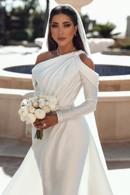 Glamorous One-Shoulder Long Sleeve Mermaid Satin Wedding Dress with Ruffles - Fashionpara