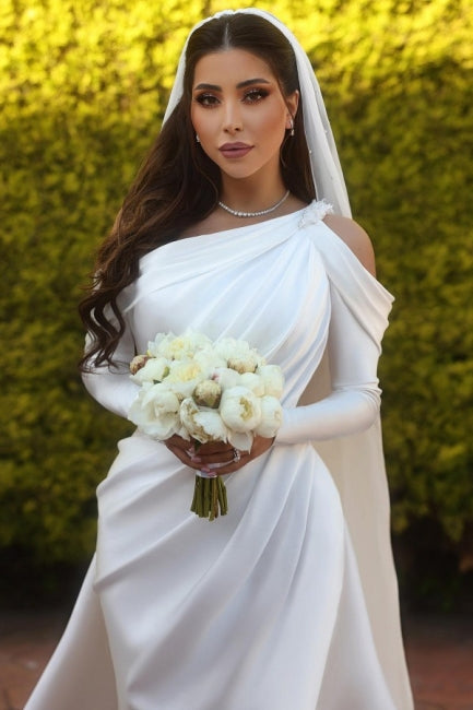 Glamorous One-Shoulder Long Sleeve Mermaid Satin Wedding Dress with Ruffles - Fashionpara