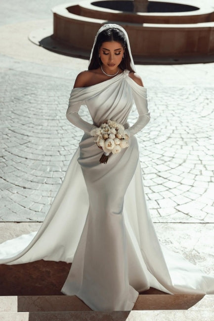 Glamorous One-Shoulder Long Sleeve Mermaid Satin Wedding Dress with Ruffles - Fashionpara