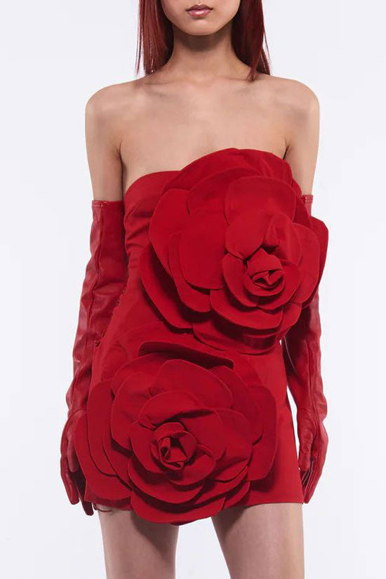 Glamorous Oversized 3D Rosette Applique Strapless Bodycon Party Mini Dress - Red  Fashionpara