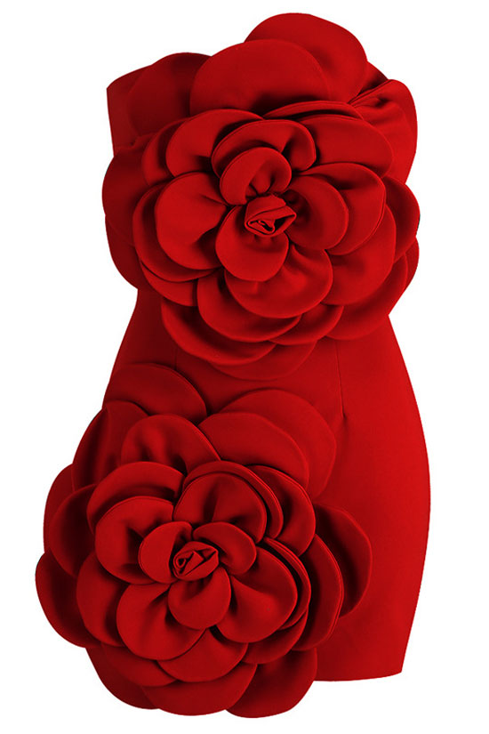 Glamorous Oversized 3D Rosette Applique Strapless Bodycon Party Mini Dress - Red Fashionpara