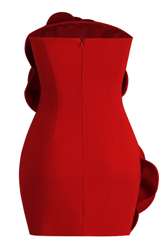 Glamorous Oversized 3D Rosette Applique Strapless Bodycon Party Mini Dress - Red Fashionpara