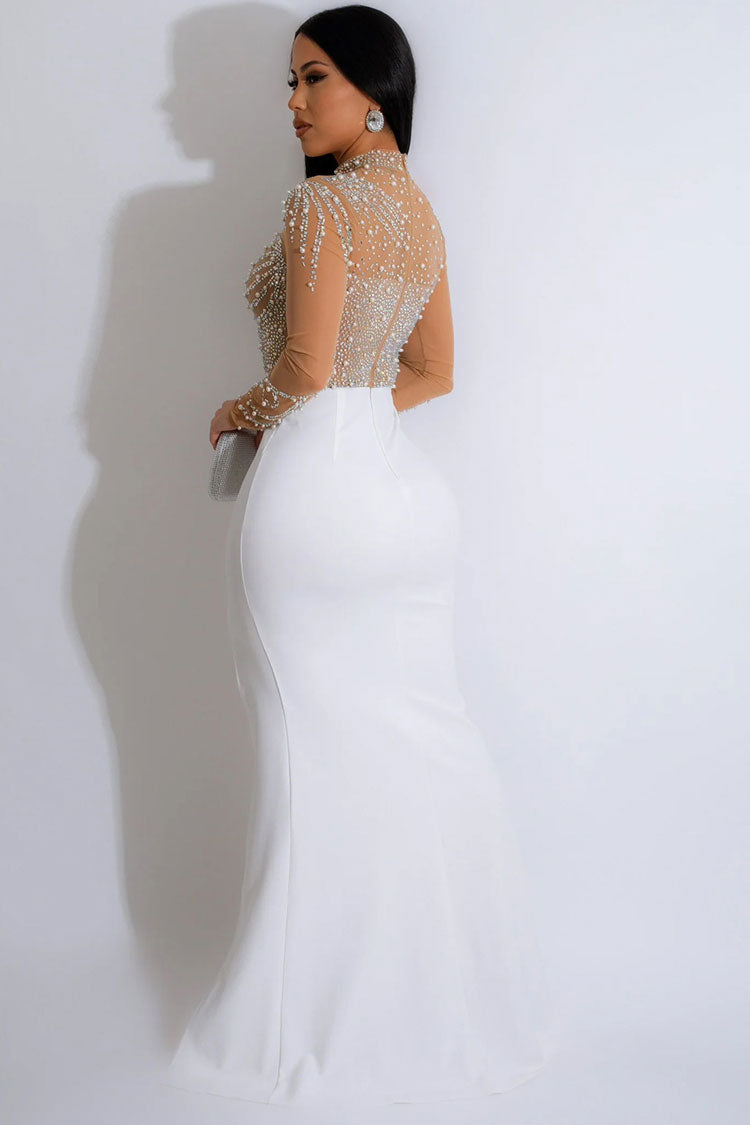 Glamorous Rhinestone Mesh Long Sleeve Split Evening Maxi Dress - White Fashionpara