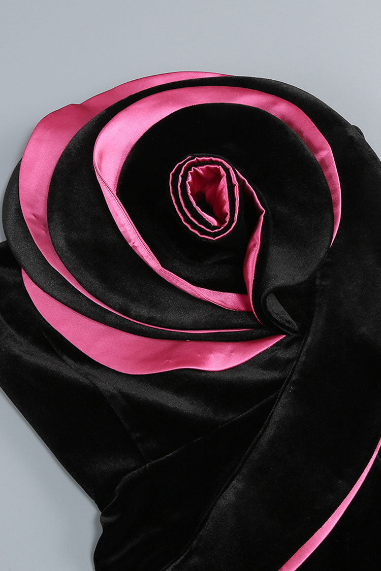 Glamorous Rosette Contrast Satin Panel Velvet Strapless High Split Evening Dress - Fashionpara