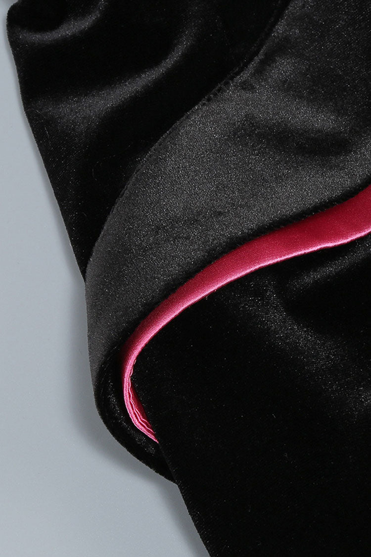 Glamorous Rosette Contrast Satin Panel Velvet Strapless High Split Evening Dress - Fashionpara