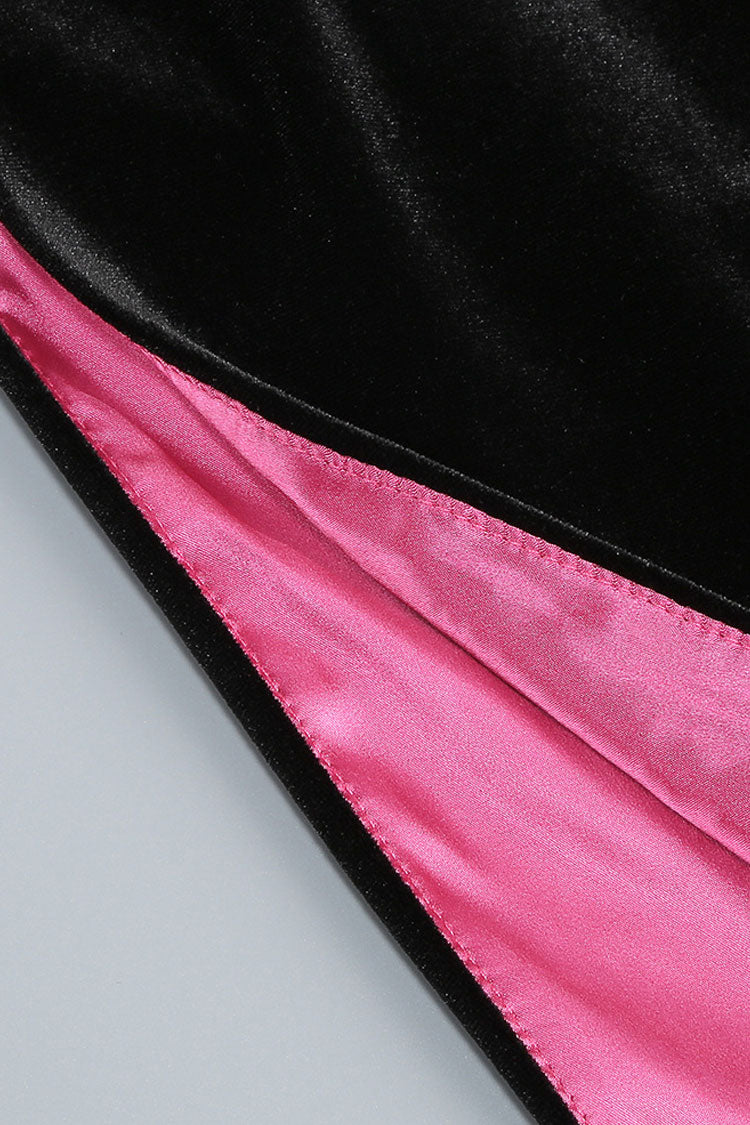 Glamorous Rosette Contrast Satin Panel Velvet Strapless High Split Evening Dress - Fashionpara