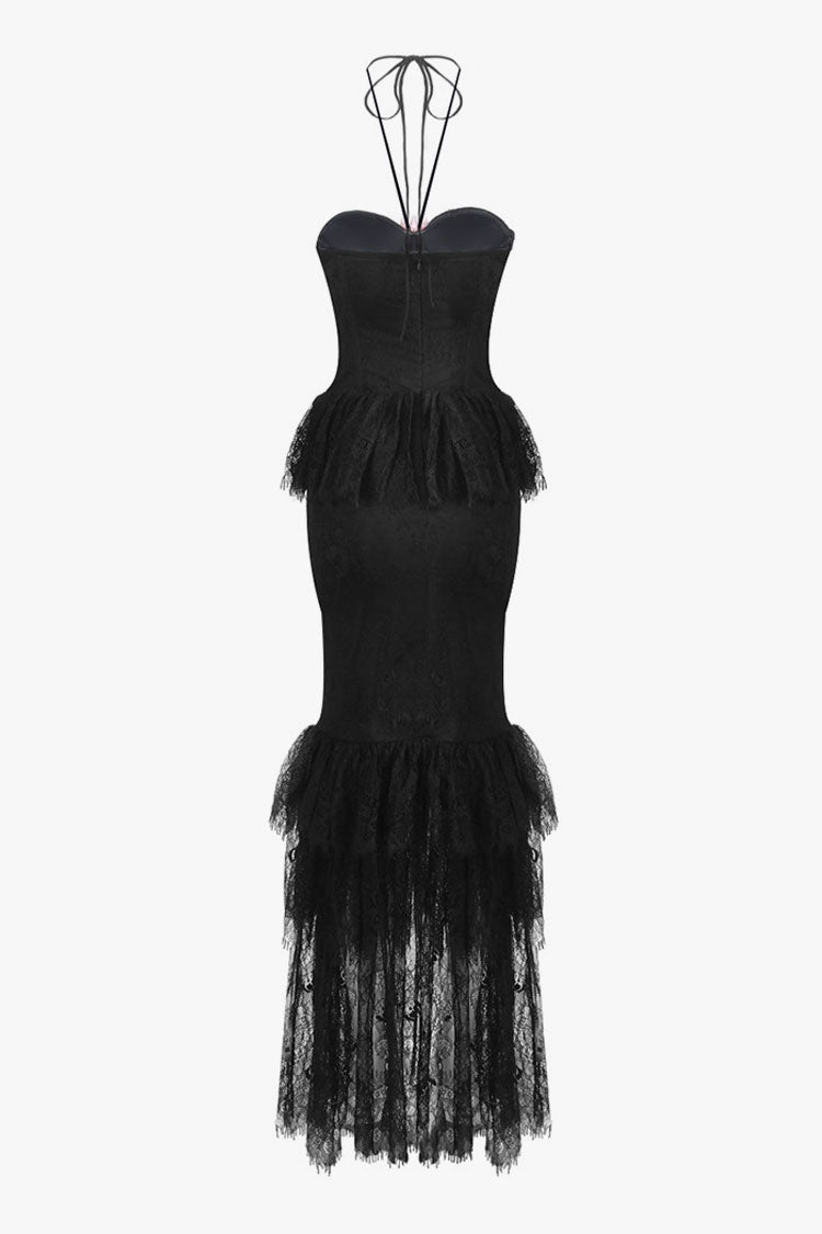 Glamorous Rosette Halter Bustier Tiered Ruffle Lace Formal Maxi Dress