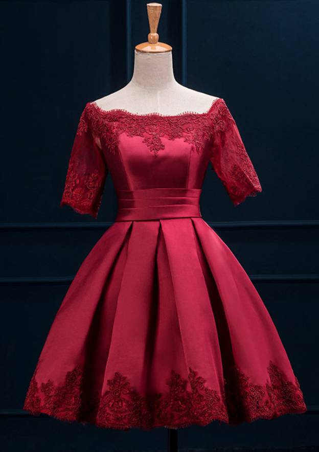Glamorous Satin Appliqued Lace Elegant A-line/Princess Knee-Length Cocktail Dress - Fashionpara
