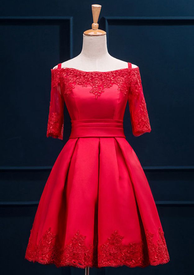 Glamorous Satin Appliqued Lace Elegant A-line/Princess Knee-Length Cocktail Dress - Fashionpara