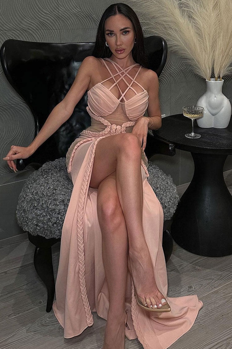 Glamorous Sheer Mesh Cutout Braided Trim Split Formal Maxi Dress - Cream Fashionpara