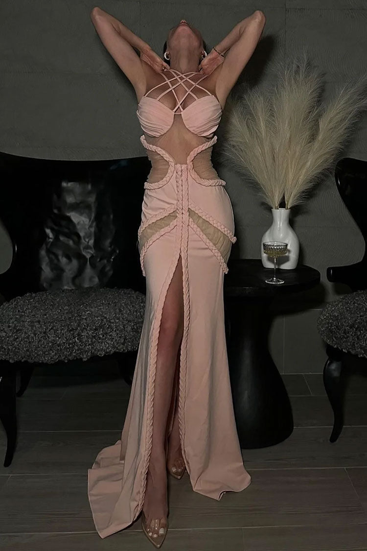 Glamorous Sheer Mesh Cutout Braided Trim Split Formal Maxi Dress - Cream Fashionpara