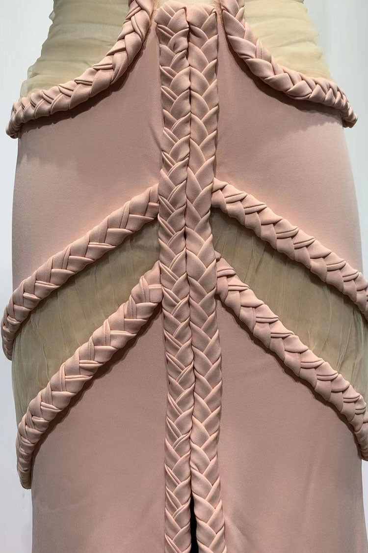 Glamorous Sheer Mesh Cutout Braided Trim Split Formal Maxi Dress - Cream Fashionpara