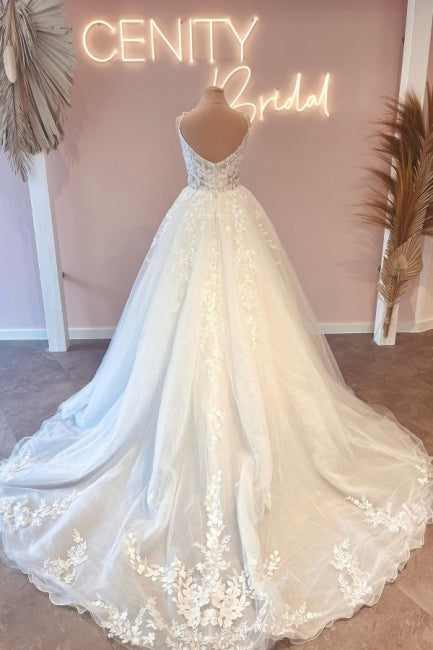 Glamorous Spaghetti Strap Sleeveless A-Line Lace Wedding Gown - Fashionpara