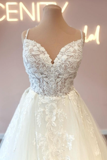 Glamorous Spaghetti Strap Sleeveless A-Line Lace Wedding Gown - Fashionpara