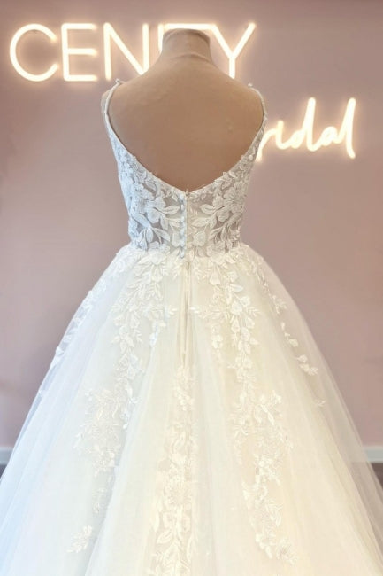 Glamorous Spaghetti Strap Sleeveless A-Line Lace Wedding Gown - Fashionpara