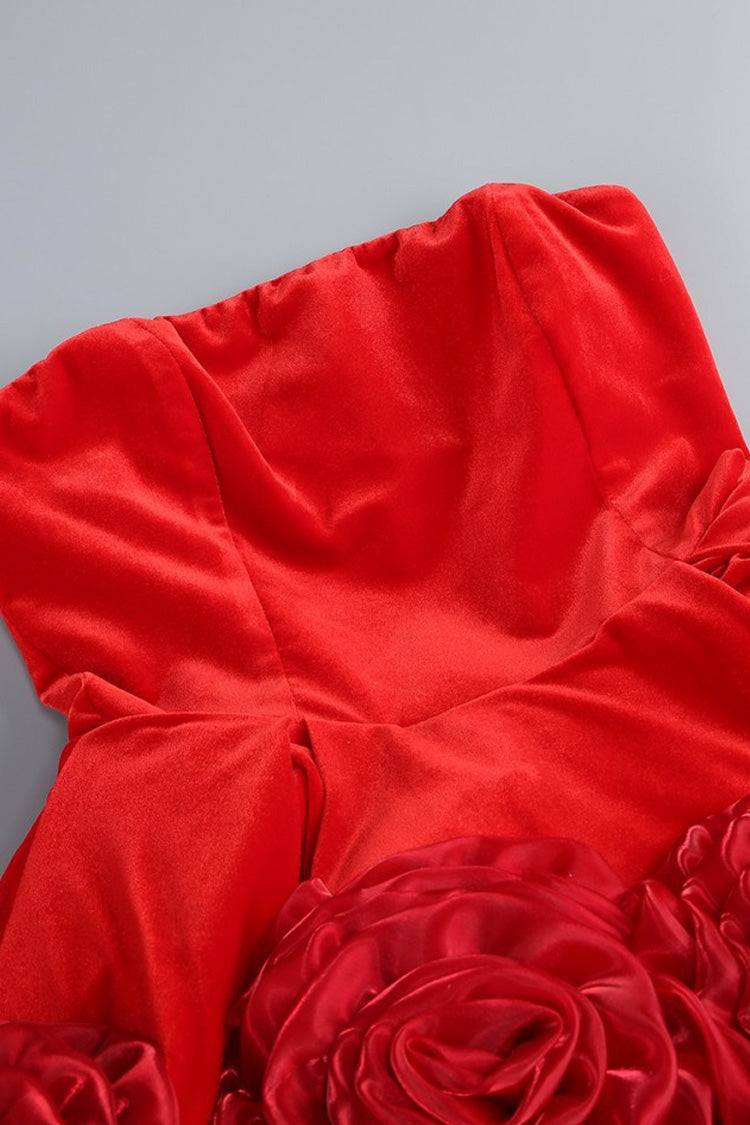 Glamorous Strapless Fit & Flare Rosette Balloon Velvet Party Mini Dress