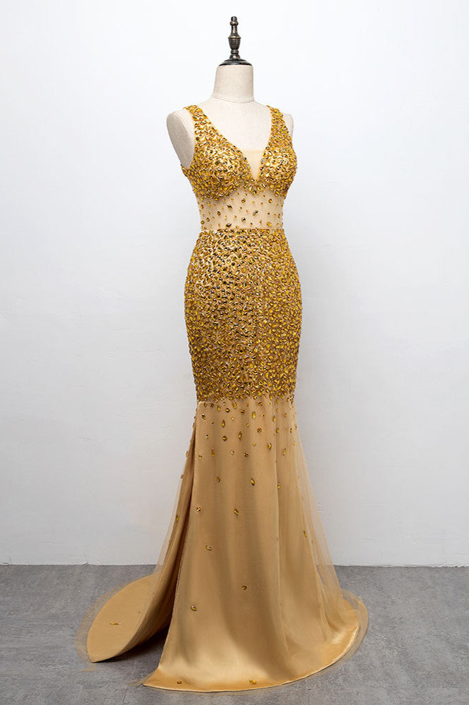 Glamorous Straps V-Neck Gold Mermaid Prom Dresses with Beadings - Fashionpara