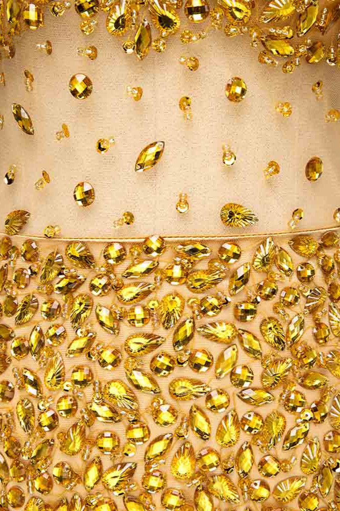 Glamorous Straps V-Neck Gold Mermaid Prom Dresses with Beadings - Fashionpara