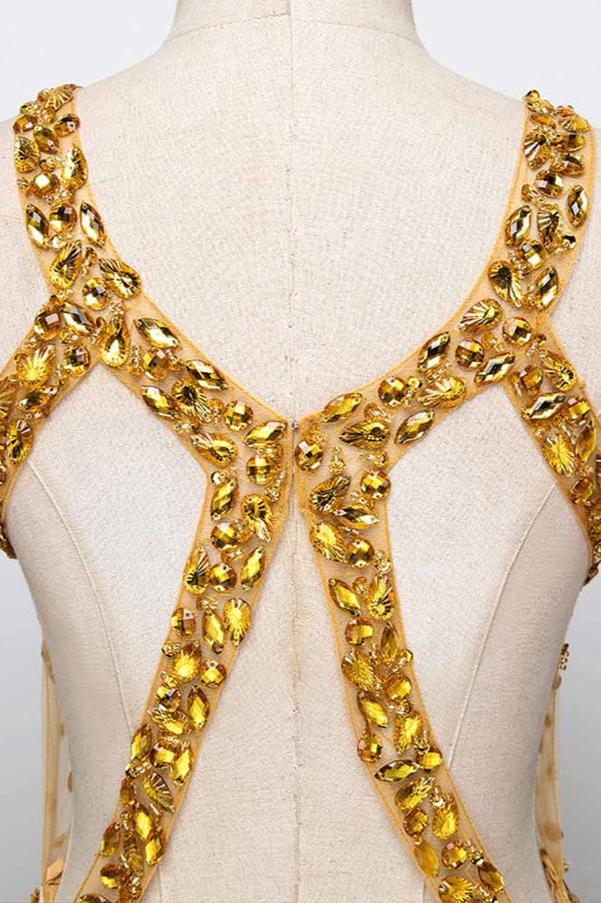 Glamorous Straps V-Neck Gold Mermaid Prom Dresses with Beadings - Fashionpara