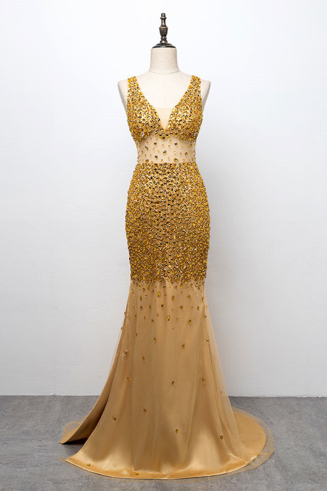Glamorous Straps V-Neck Gold Mermaid Prom Dresses with Beadings - Fashionpara