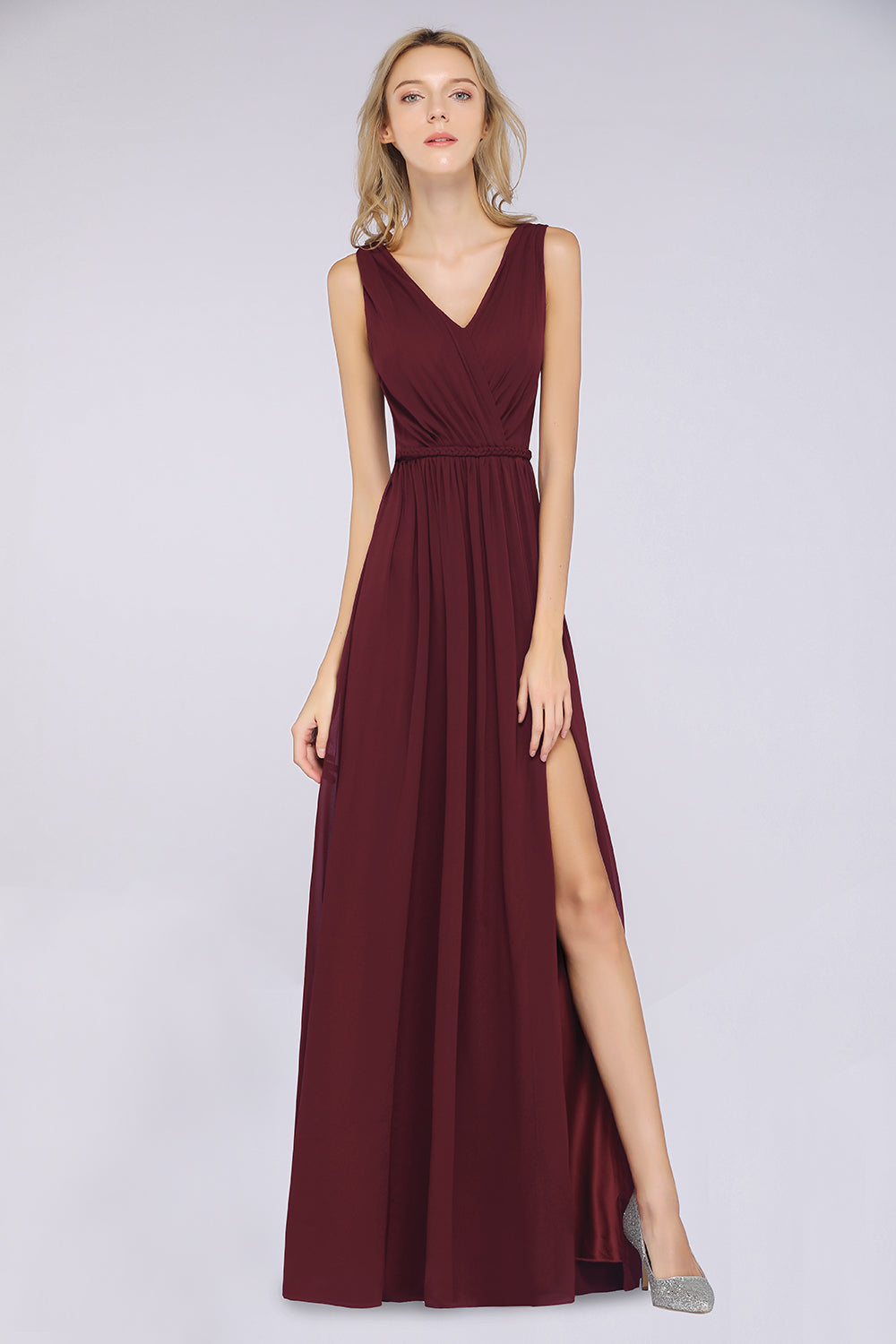 Glamorous TulleV-Neck Ruffle Burgundy Bridesmaid Dresses - Fashionpara